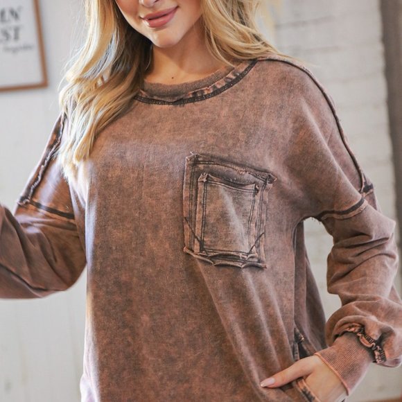 Zenana NWT Acid Wash Cotton Pullover with Side Pockets in Rust Brown - Picture 6 of 8